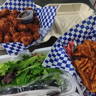 Teriyaki wings,side salad and rosemary waffle fries