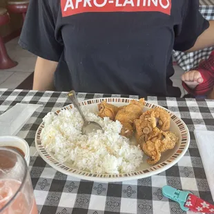 a plate of fried chicken and rice