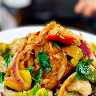 Crispy tilapia with special sauce and coconut rice