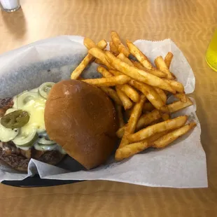 Spicy burger and fries