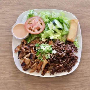 Chicken &amp; Beef plate with salad, rice &amp; egg roll