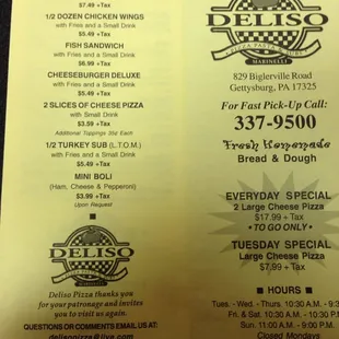 Menu Front and Specials