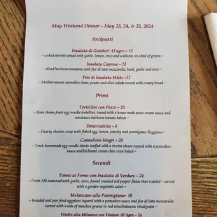 May Dinner menu