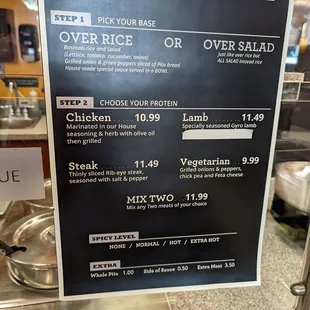 a menu for over the rice