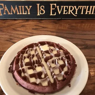 Red velvet waffle with cream cheese glaze