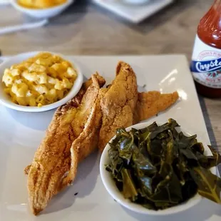 Fried whiting, Mac and cheese, and greens