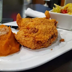Fried Chicken Breasts, Mashed Sweet Potatoes, and Cabbage