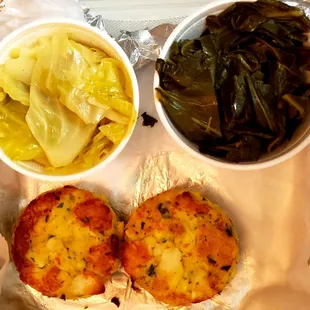 Crab Cakes with a side of cabbage and greens
