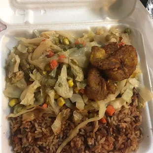 Rice and peas w/ cabbage and plantains