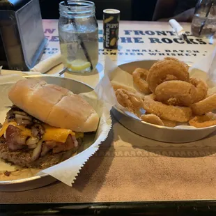 Wisconsin burger and onion rings