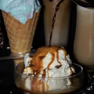 The one and only Dellogato Sundae!!...Dell&apos;s in-house-made Vanilla Ice Cream + Hot Espresso....it also comes as a shake....