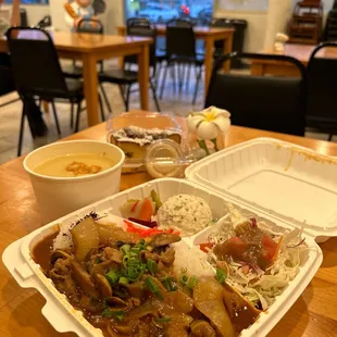 Haas hi beef rice. Special Corn soup. And the famous Japanese bread pudding. Knack attack