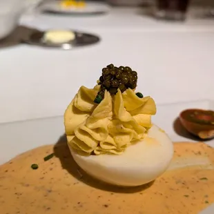 @endoedibles on Instagram 09/19/24  EMERIL'S RESERVE STURGEON CAVIAR DEVILED EGGS - remoulade sauce, teardrop tomatoes