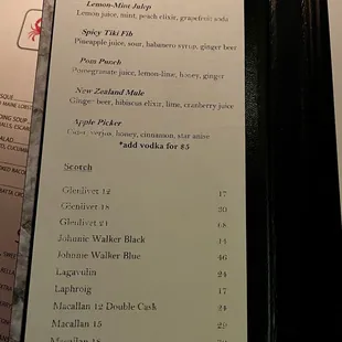 Drinks menu