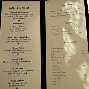 Drinks menu