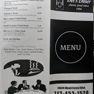 a menu for the del&apos;s diner