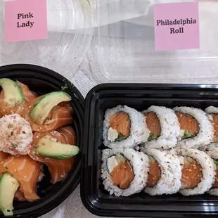 Pink Lady - salmon, crab &amp; avocado - no rice (a new favorite!), and a standard Philadelphia roll