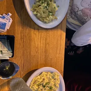 Scrambled eggs and sides on these plates