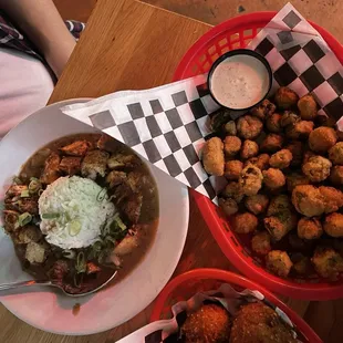 Smoked chicken gumbo, fried okra, and hush puppies.