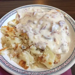 Creamed chipped beef, home fried potatoes