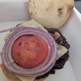 Burnt and dry mushroom and Swiss.  No side put in the takeout order.   Get it together.