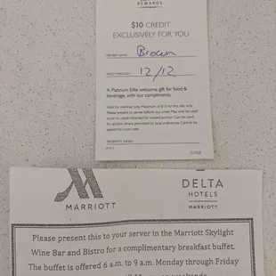 Breakfast voucher and $10 credit