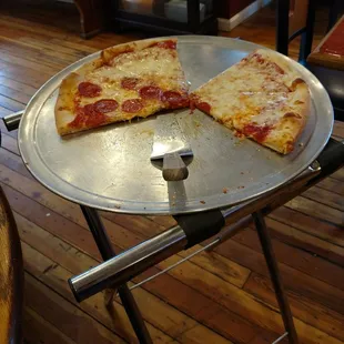 a half eaten pizza on a pizza pan