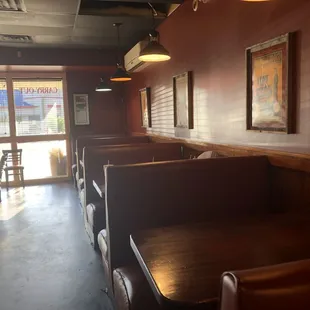 Booths in the dining area.