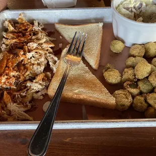 Greasy onion rings and the chicken plate...