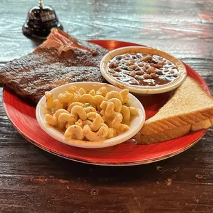 St. Louis rib plate. Delta q baked beans w Mac &amp; cheese. (Spiral pasta).