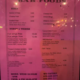 Bar food menu
