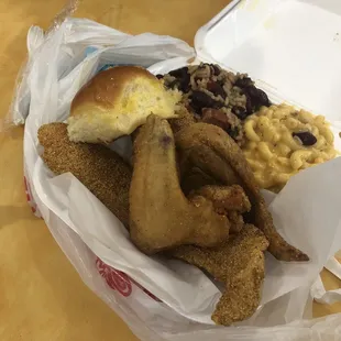 2 meat combo (chicken and fish) with red beans and rice AND Mac n cheese