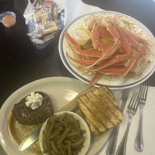 Crab legs with corn, sausage, and potatoes.  6 oz aged filet with green beans and toast