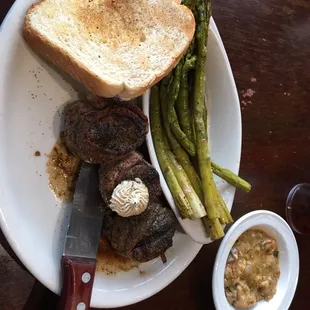 Filet Medallions with grilled asparagus and crawfish cream sauce