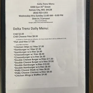 menu for delta trenz daily menu