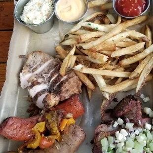 Smoked sausage, chicken,beef and fries