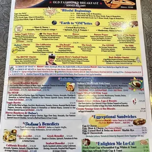 July 2024 menu of omelettes, eggs Benedicts, etc.