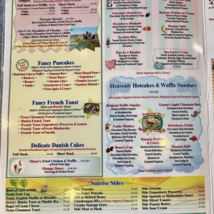 July 2024 menu of pancakes, French toast, crepes, etc.