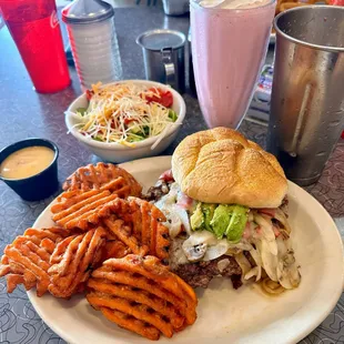 Malibu burger, sweet-potato fries, side salad, strawberry milkshake