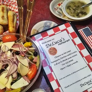 Medium Antipasto Salad, Bread sticks and Italian Wedding Soup