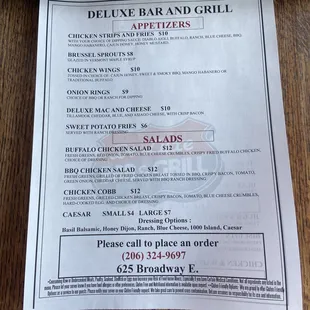 Delivery and To-Go menu