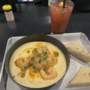 The whole meal... Shrimp and Grits, Focaccia Bread, dandy Bloody Mary!!!