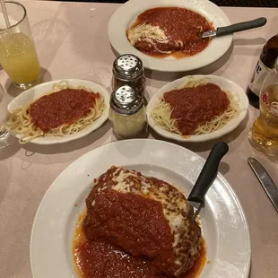 Chicken and eggplant Parmesan also veal Parmesan side order of linguine and angel hair pasta