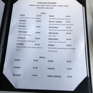 a menu with prices