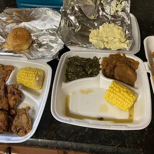 Chicken, corn, yams, fries, collards, potato salad