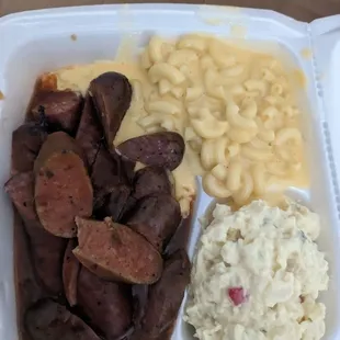 Jalapeno sausage, potato salad and mac