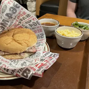 Brisket Burger, Mac &amp; Cheese, and Green Beans