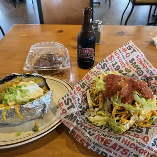 Brisket Tacos, loaded baked potato, IBC Root Beer and Pecan Pie! Yummy!!!!!!!