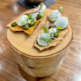 Chicken skin with kohlrabi greens