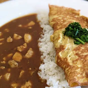 Chicken curry stew with an added omelette